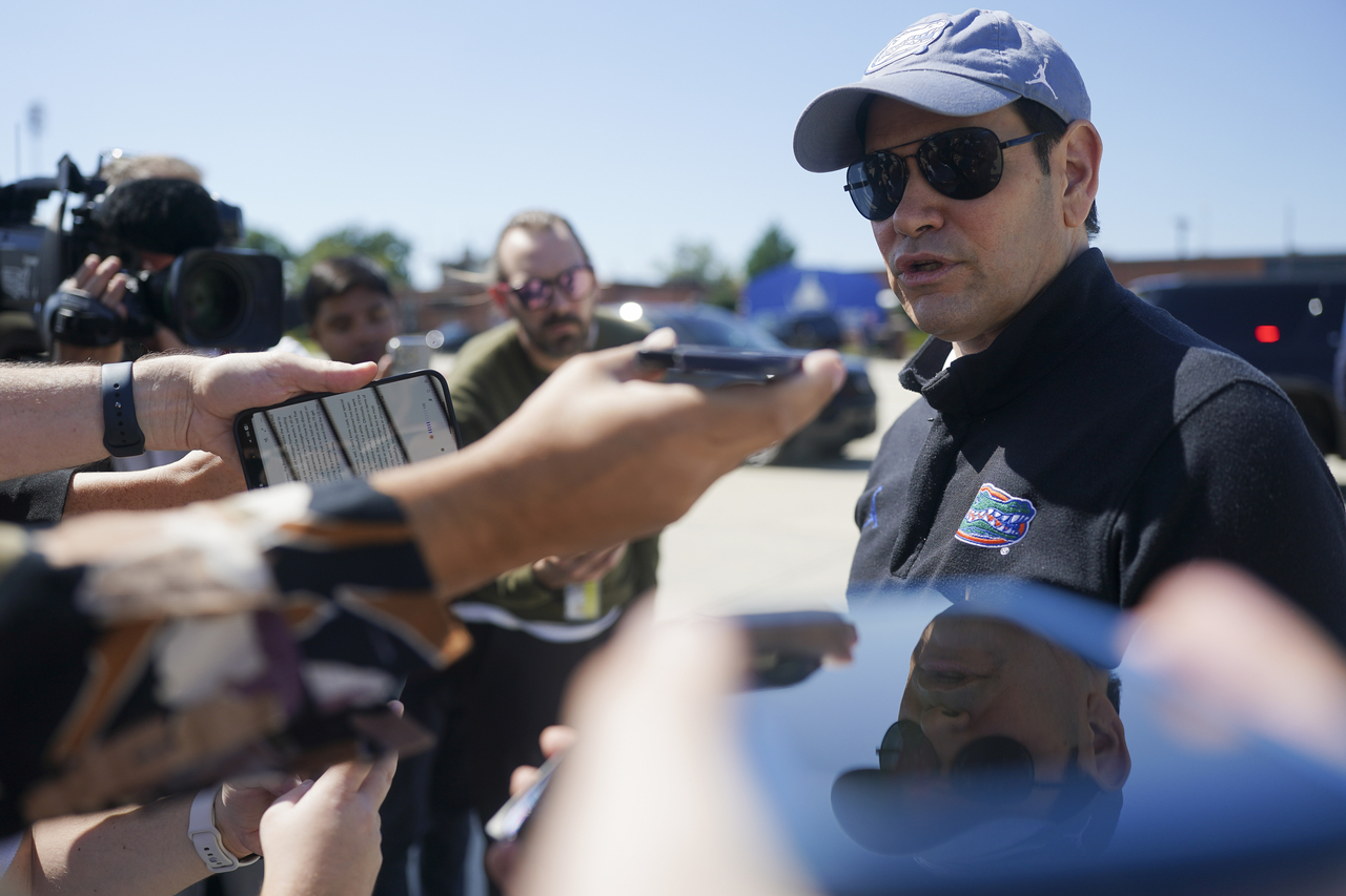 Secretary of State Marco Rubio speaks with members of the media before departing for Israel at Joint Base Andrews, Md., Saturday. (AP-Yonhap)