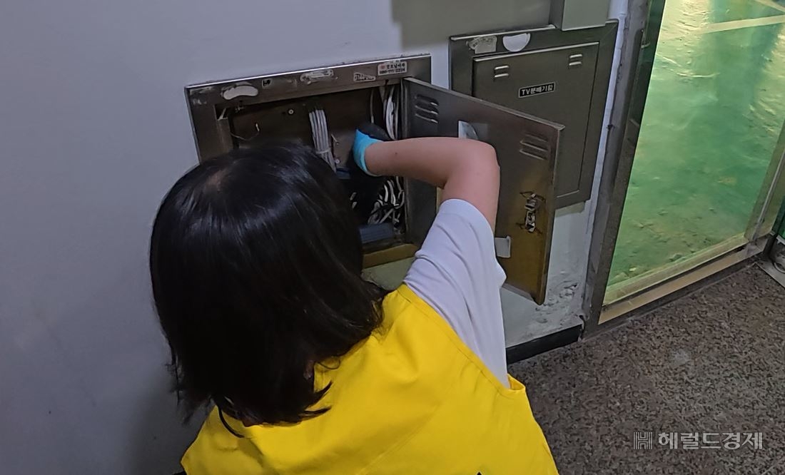 지난 11일 서울 마포구 홍익대 인근에서 진행된 토토사이트 로그인 넘기기 던지기 합동 점검에서 서울시 보건의료정책과 직원이 건물 내부 통신선을 살펴보고 있다. 이영기 기자.