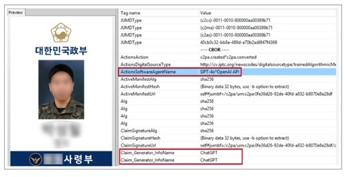 The sample ID card, including a photo (left), shows a property field stating it was produced by ChatGPT. (Genians Security Center report)