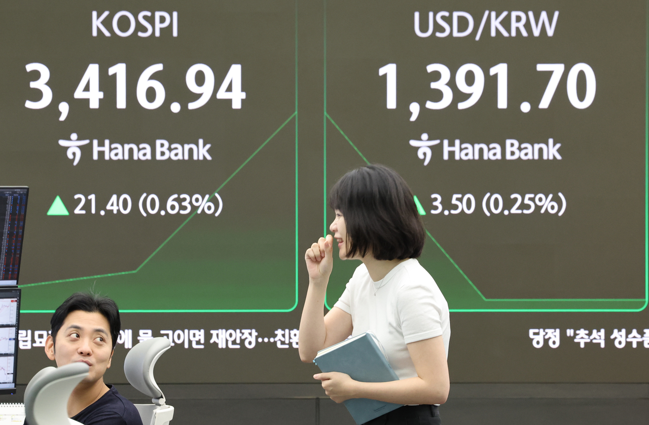 An electronic board showing the Korea Composite Stock Price Index at a dealing room of the Hana Bank headquarters in Seoul on Monday. (Yonhap)