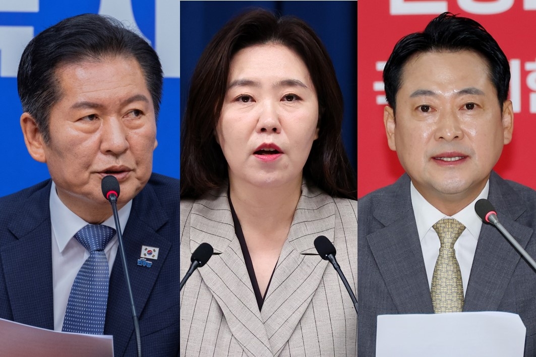 From left: Democratic Party of Korea Chair Rep. Jung Chung-rae; President Lee Jae Myung's spokesperson Kang Yu-jung; and main opposition People Power Party's Chair Rep. Jang Dong-hyeok. (Yonhap)
