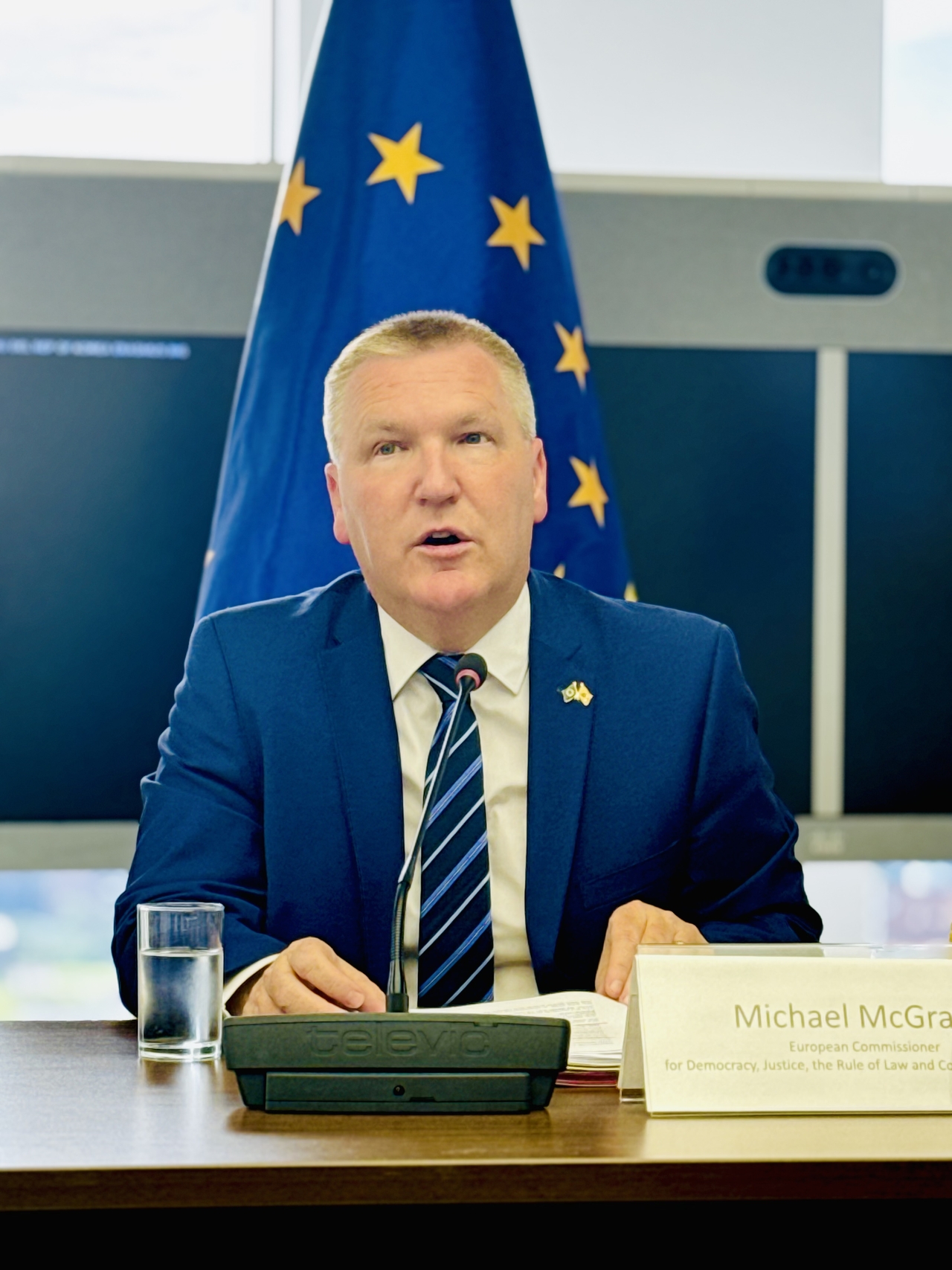 EU Commissioner for Democracy, Justice, the Rule of Law and Consumer Protection Michael McGrath responds to a question during a press briefing at the office of  EU Delegation to Korea on Monday. (Sanjay Kumar/The Korea Herald)