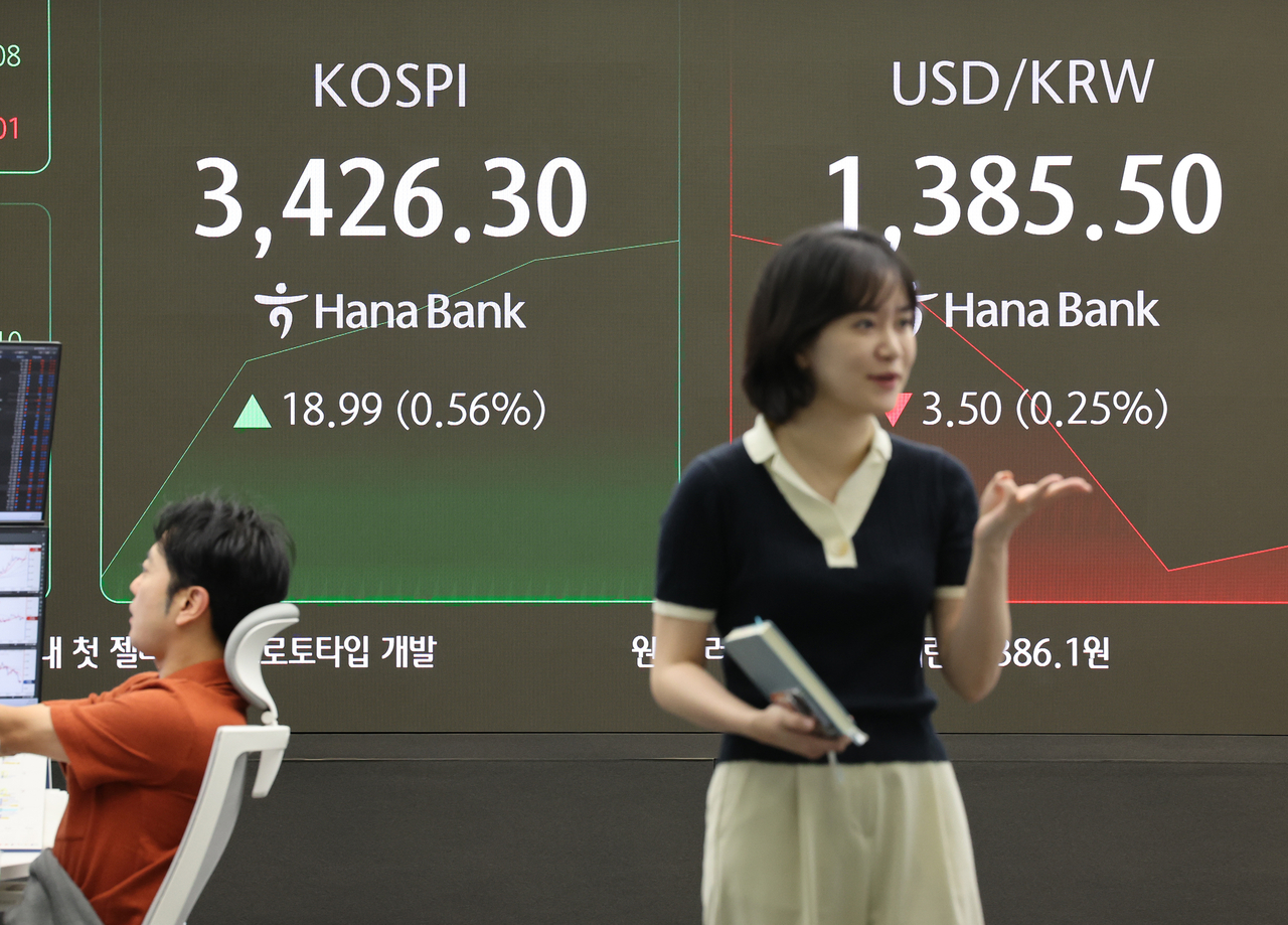 An electronic board showing the Korea Composite Stock Price Index at a dealing room of the Hana Bank headquarters in Seoul on Tuesday. (Yonhap)