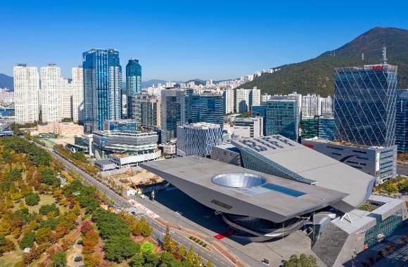 Bird's-eye view of the Busan Cinema Center cantilever roof structure in Haeundae-gu, BIFF main venue since 2011