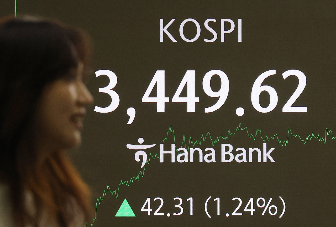 An electronic board at a Hana Bank dealing room in central Seoul shows the Kospi closing at 3,449.62, up 42.31 points or 1.24 percent from the previous trading session. (Yonhap)