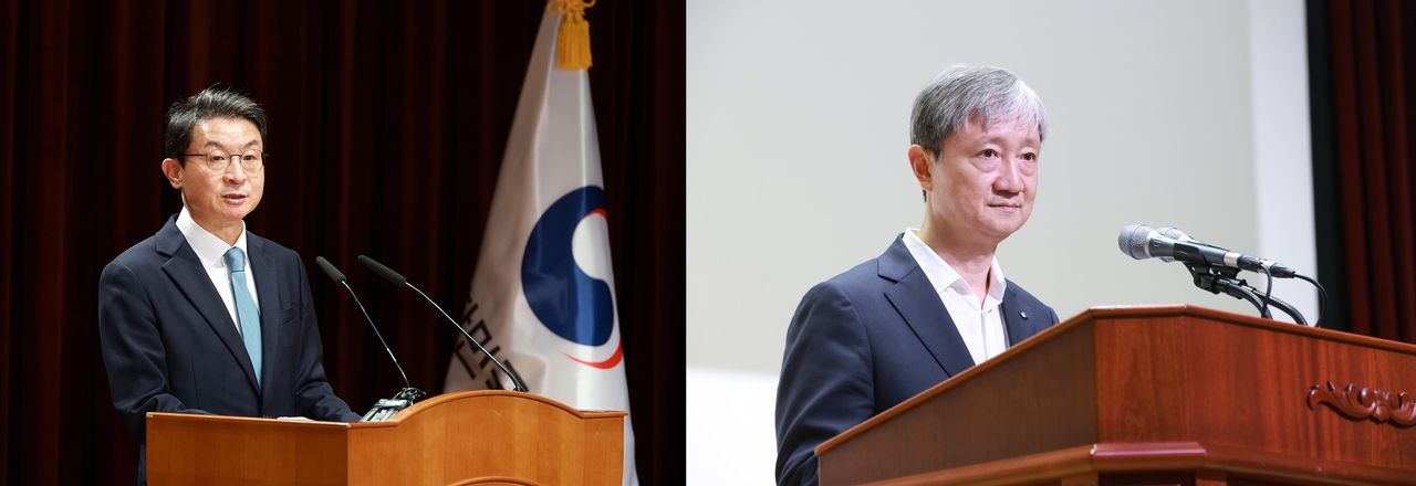 이억원(왼쪽) 멤버십토토위원장과 이찬진 멤버십토토감독원장이 취임식에서 발언하고 있다.  [멤버십토토위원회·멤버십토토감독원 제공]
