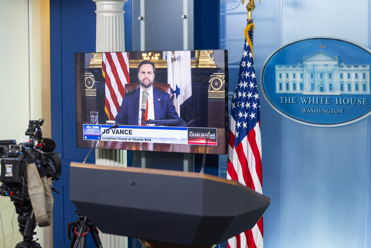 US Vice President JD Vance is seen on a TV monitor in the White House Press Briefing Room in Washington, Monday. (EPA-Yonhap)