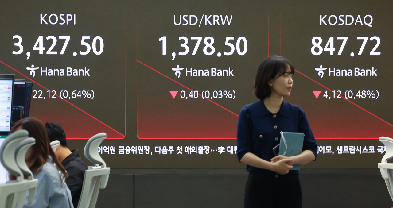 An electronic board showing the Korea Composite Stock Price Index at a dealing room of the Hana Bank headquarters in Seoul on Wednesday. (Yonhap)