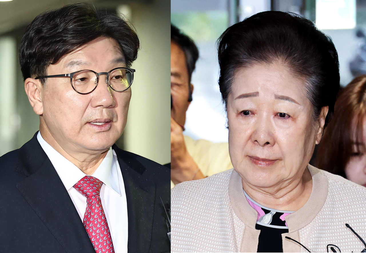 This composite photo shows former People Power Party floor leader Rep. Kweon Seong-dong (left) and the Unification Church leader Han Hak-ja. (Yonhap)