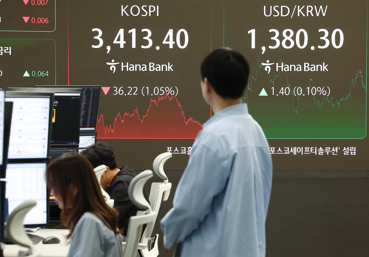 An electronic board showing the Korea Composite Stock Price Index at a dealing room of the Hana Bank headquarters in Seoul on Wednesday. (Yonhap)