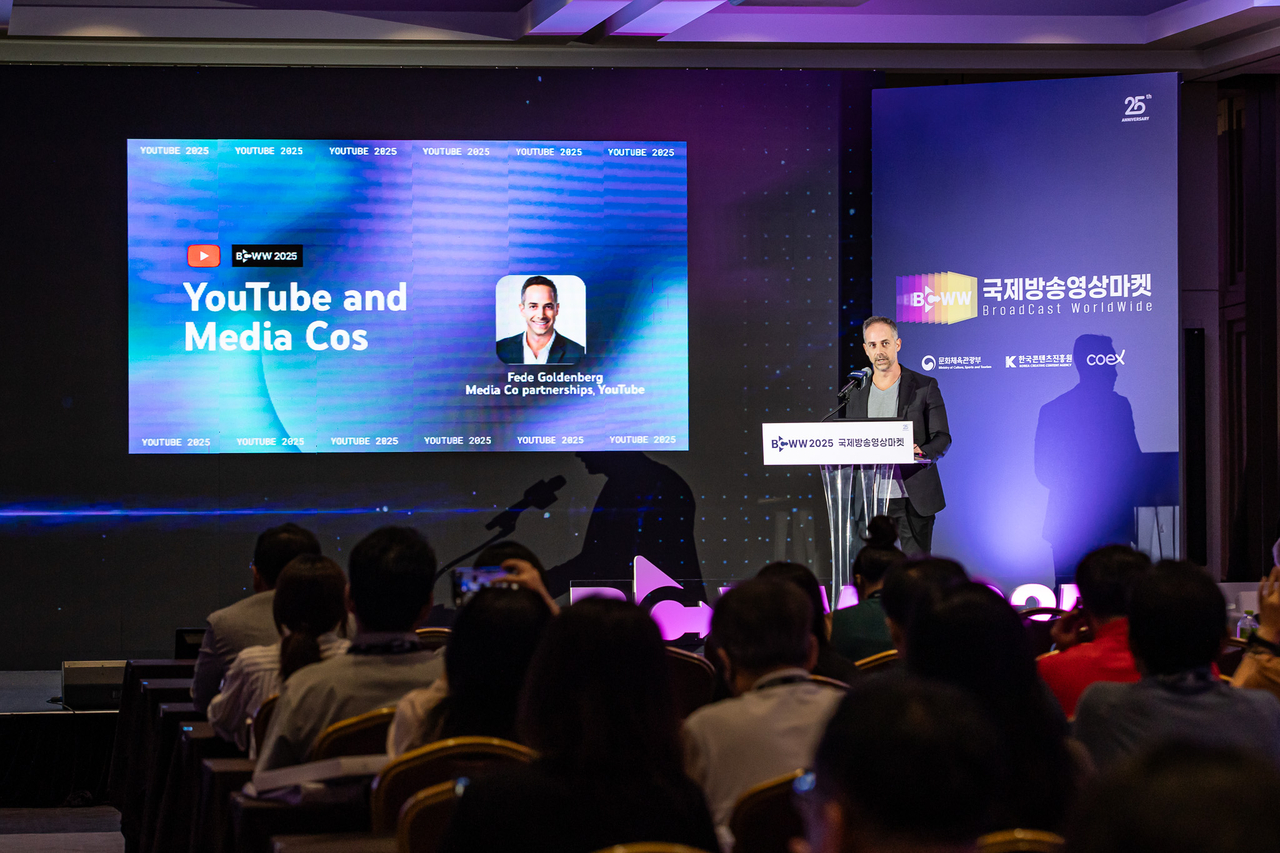 Fede Goldenberg, YouTube’s global head of TV & film partnerships, speaks during BCWW 2025 at Coex, in southern Seoul, Wednesday. (KOCCA)