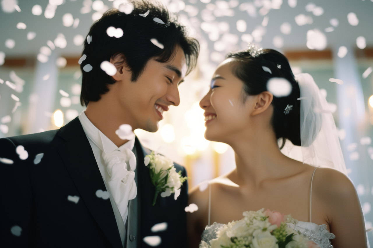 A couple is showered with confetti, celebrating their marriage. (123rf)