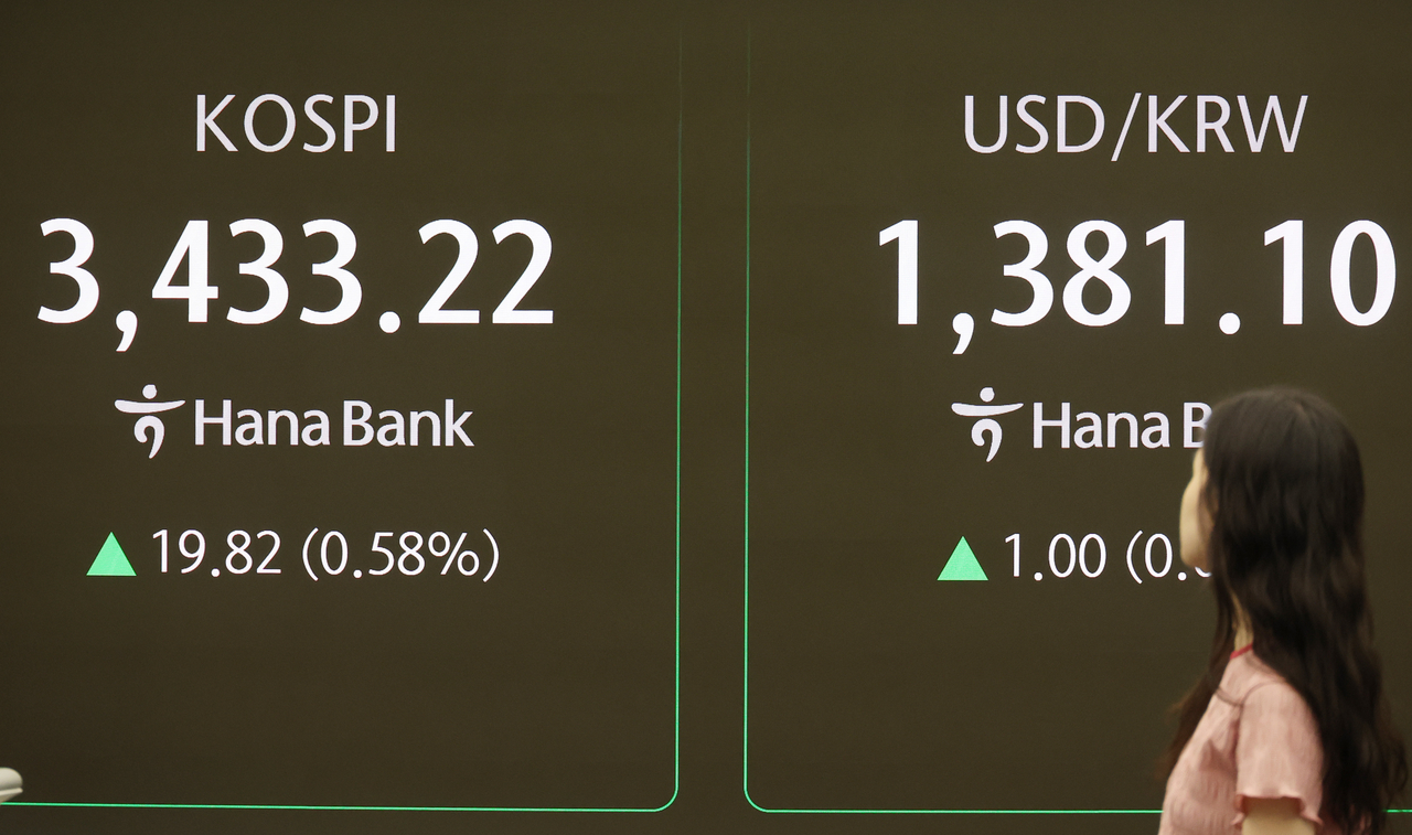An electronic board showing the Korea Composite Stock Price Index at a dealing room of the Hana Bank headquarters in Seoul on Thursday. (Yonhap)