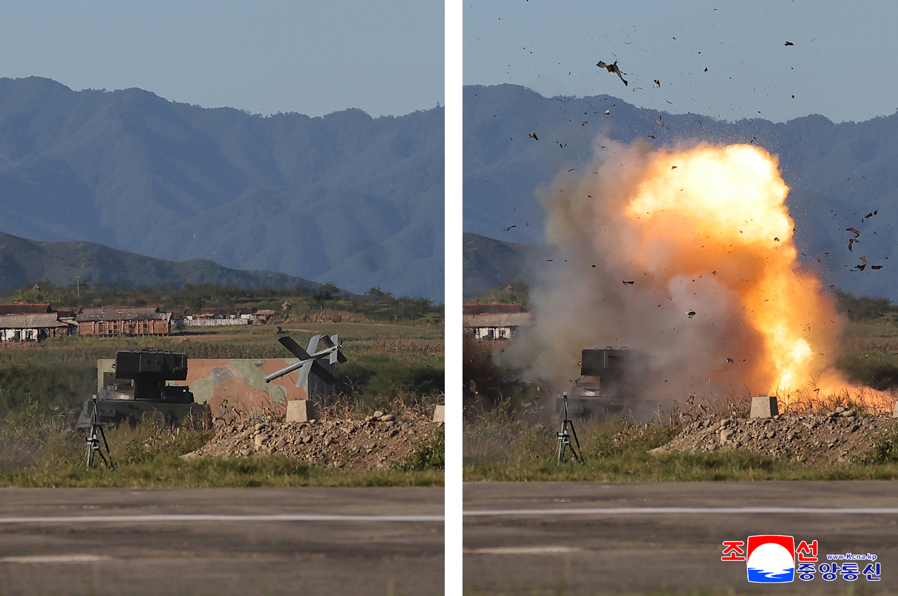 These photos, released by North Korea’s official Korean Central News Agency, show a performance test of tactical attack drones and other unmanned aerial vehicles conducted Thursday. (Yonhap)