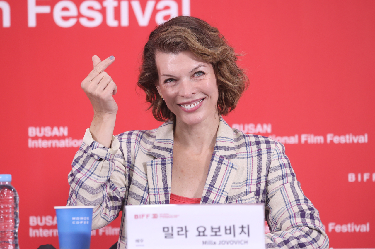 Milla Jovovich poses for a photo at the 30th Busan International Film Festival press conference for "Protector," held at Busan Cinema Center in Haeundae-gu, Busan, Thursday. (Yonhap)