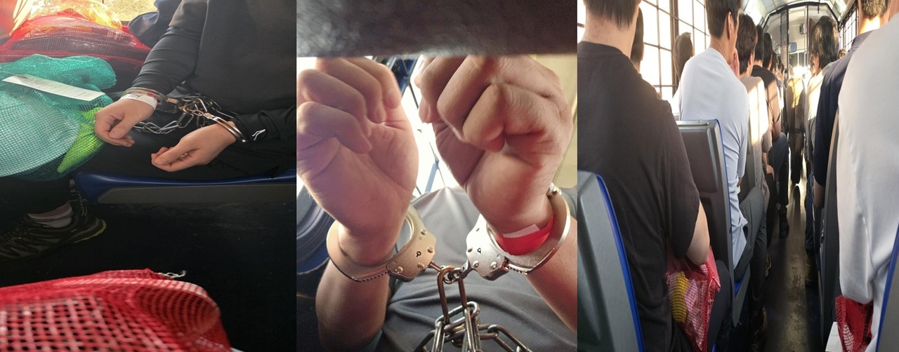 This composite photo, provided by a worker who was detained in a U.S. immigration raid in Georgia on Sept. 4 shows South Korean workers in handcuffs and being transported to a detention facility. (Yonhap)