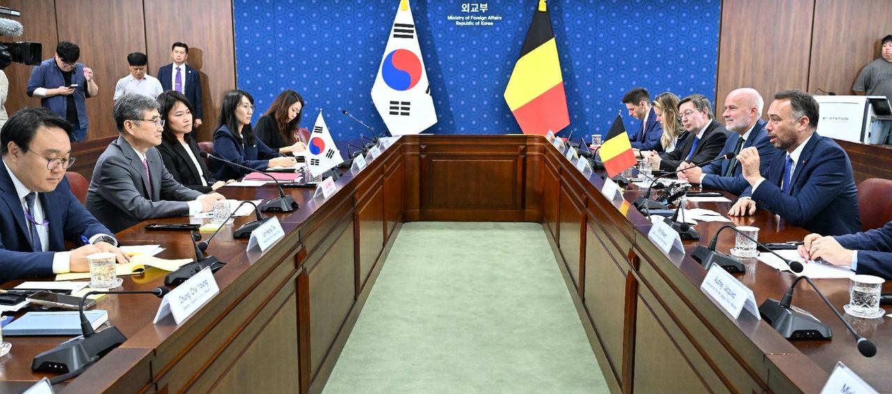 Belgium's Deputy Prime Minister and Minister of Foreign Affairs, European Affairs and Development Cooperation Maxime Prevot speaks during a bilateral meeting with South Korean Foreign Minister Cho Hyun at South Korea's Foreign Ministry on Thursday. (South Korea's Foreign Ministry)