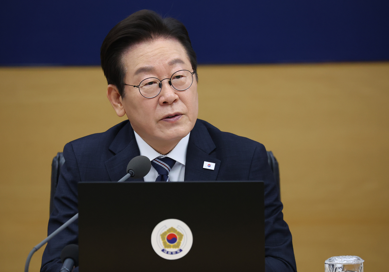 President Lee Jae Myung presides over a Cabinet meeting at the government complex in Sejong, central South Korea, on Tuesday. (Yonhap)