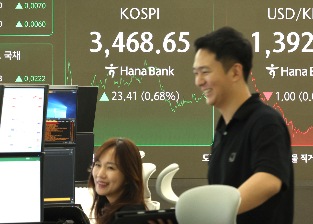 An electronic board showing the Korea Composite Stock Price Index at a dealing room of the Hana Bank headquarters in Seoul on Monday. (Yonhap)
