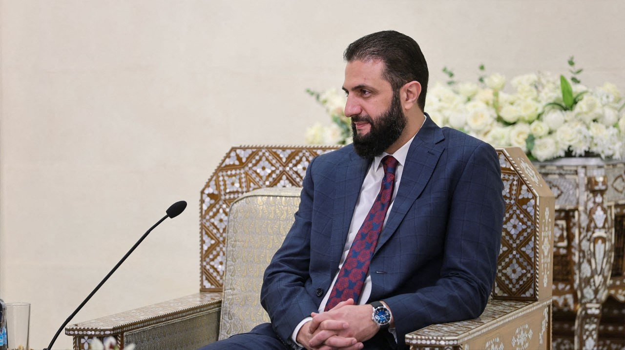 Syria's interim President Ahmad Al-Sharaa at a meeting in Damascus, Syria, Sept. 12 (AFP-Yonhap)
