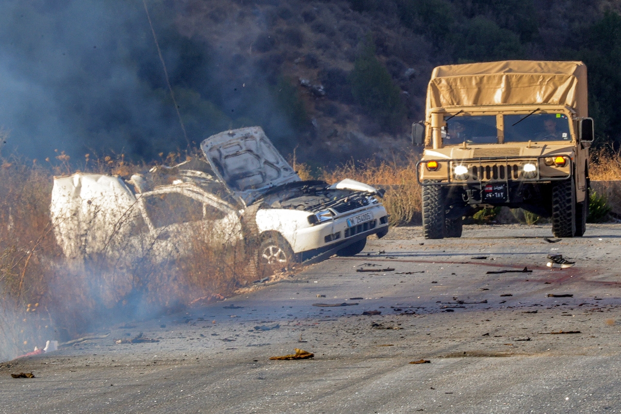 A Lebanese army humvee vehicle is pictured at the site of an Israeli strike in Marjayoun, Lebanon, Saturday. (AFP-Yonhap)