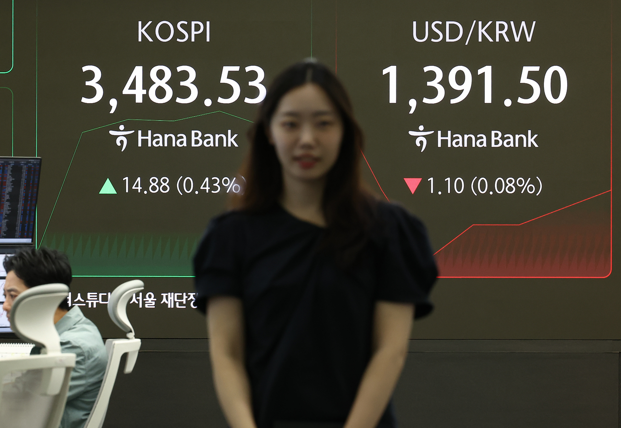 An electronic board showing the Korea Composite Stock Price Index at a dealing room of the Hana Bank headquarters in Seoul on Tuesday. (Yonhap)