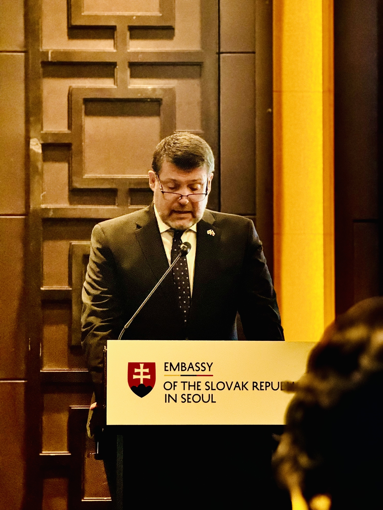 Slovak Ambassador to Korea Marek Repovsky speaks at Slovakia's Constitution Day at Conrad Seoul in Seoul on Tuesday. (Sanjay Kumar/The Korea Herald)