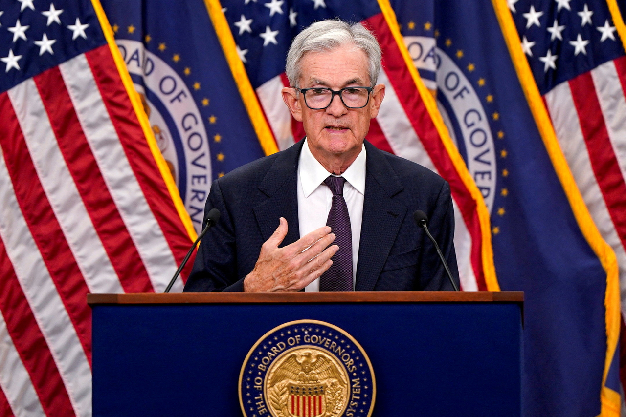 US Federal Reserve Chair Jerome Powell speaks during a press conference, following the issuance of the Federal Open Market Committee's statement on interest rate policy, in Washington, Sept. 17.   Reuters-Yonhap