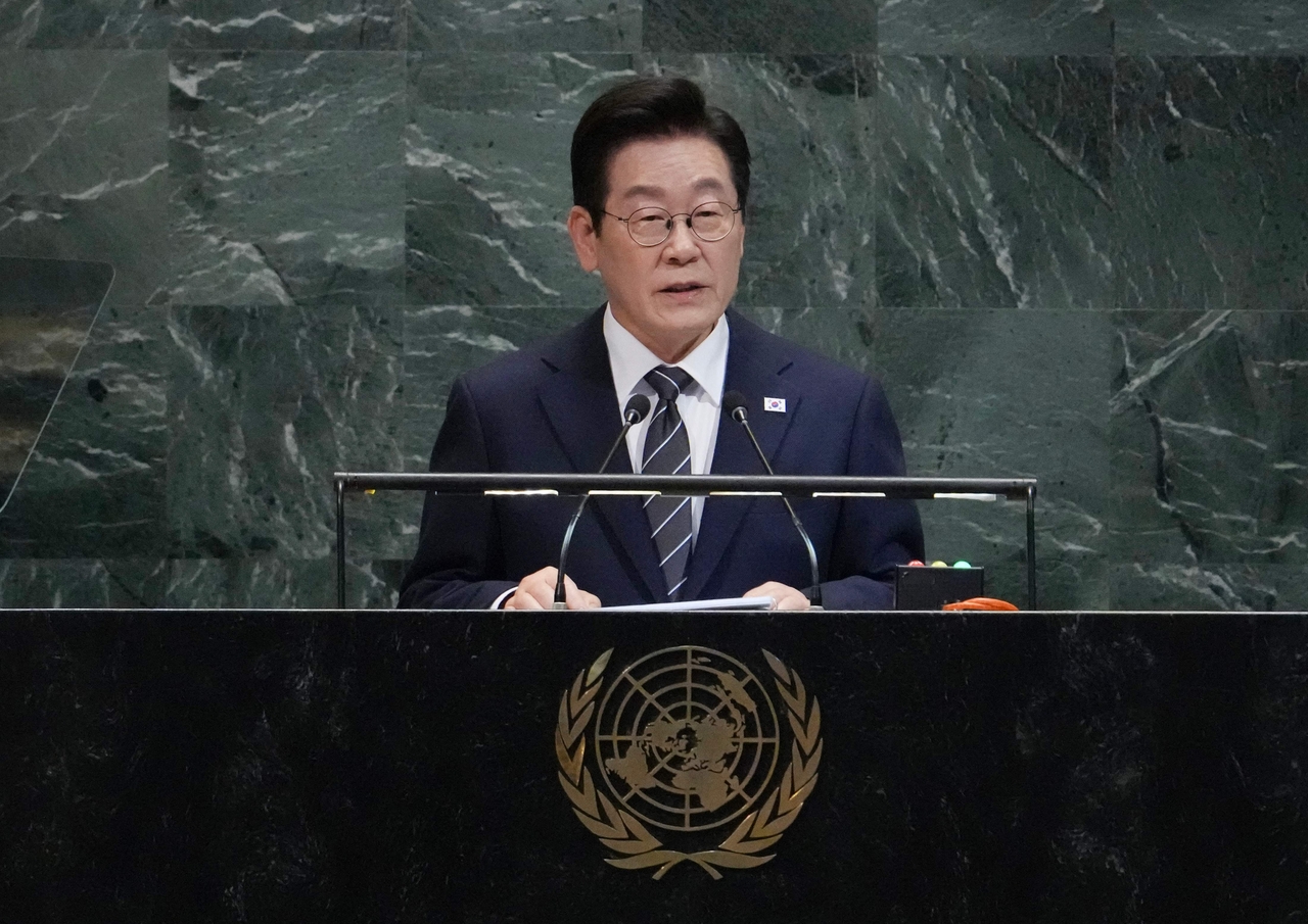 South Korea's President Lee Jae Myung speaks during General Debate of the United Nations General Assembly at the UN headquarters in New York City on Tuesday. (AFP-Yonhap)