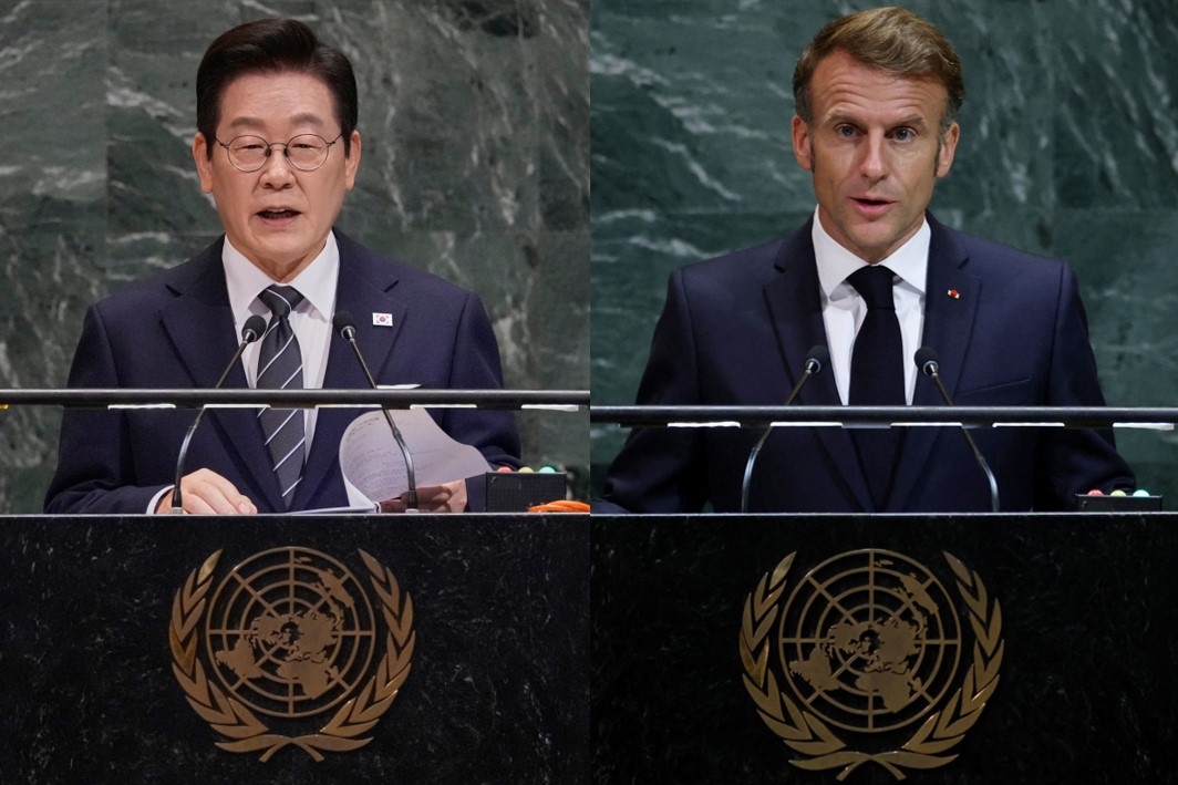 President Lee Jae Myung (left) and French President Emmanuel Macron (AP-Yonhap/AFP-Yonhap)