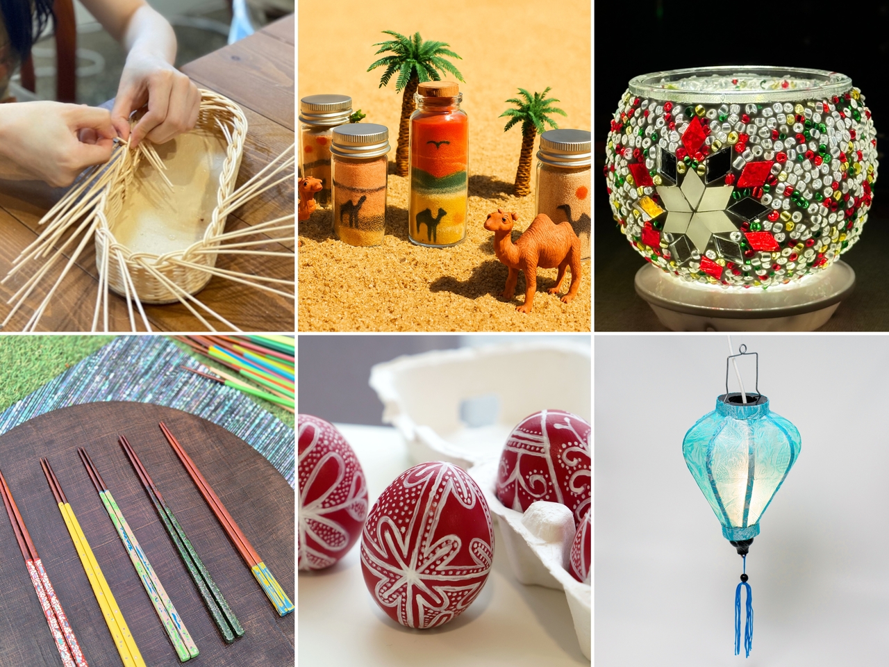 (Clockwise from top left) Reference photos of Indonesian rattan, Middle Eastern sand art, Turkish glasswork, Vietnamese lamp weaving, Hungarian egg decorating and Korean lacquerware (Seoul Museum of Craft Art)