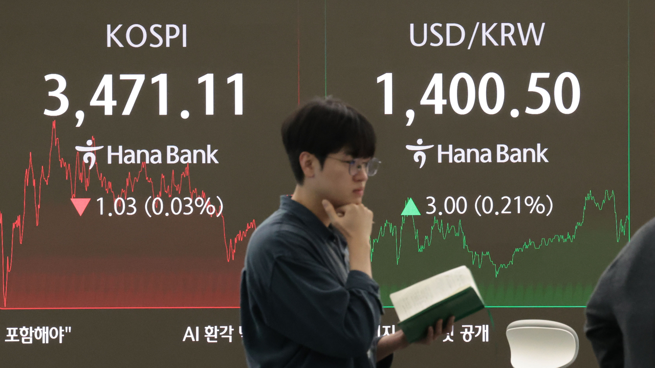 An electronic board showing the Korea Composite Stock Price Index at a dealing room of the Hana Bank headquarters in Seoul on Thursday. (Yonhap)