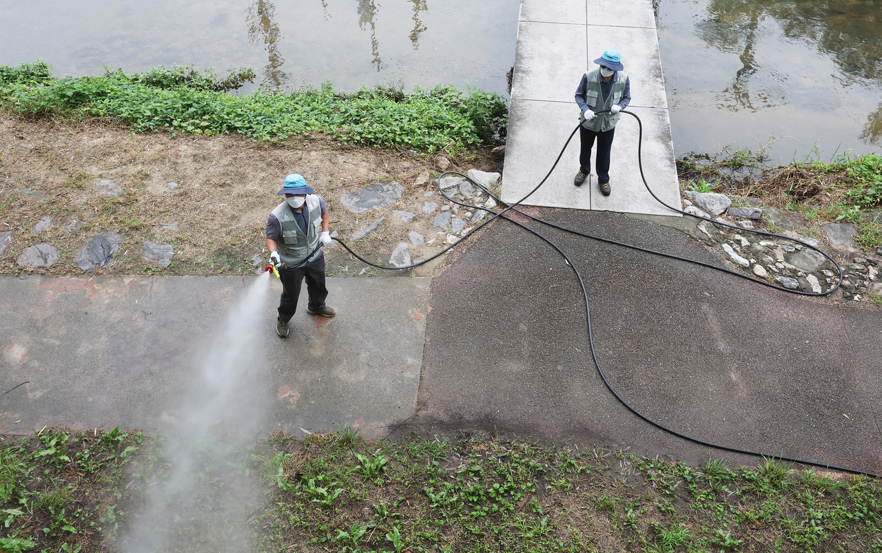 Health officials from a public health center in Suwon, Gyeonggi Province, carry out pest control operations near a stream on Thursday. (Yonhap)
