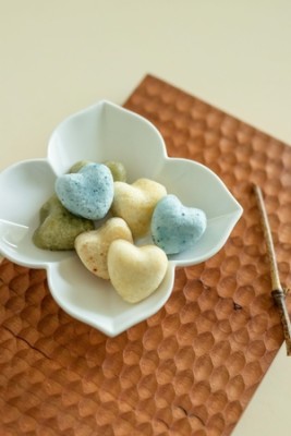 Heart-shaped seolgi (steamed rice cakes with strawberry jam filling)