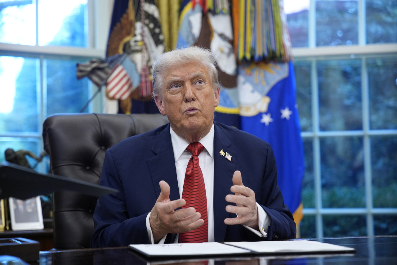 President Donald Trump speaks to reporters at the White House in Washington on Thursday. (UPI-Yonhap)