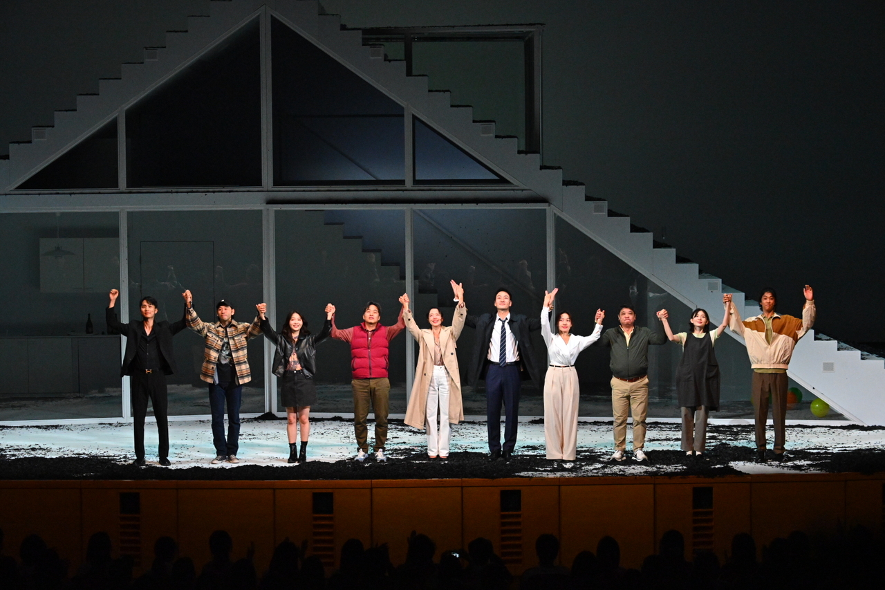 The cast of "The Cherry Orchard" takes a bow on opening night in Hong Kong. (LG Arts Center)
