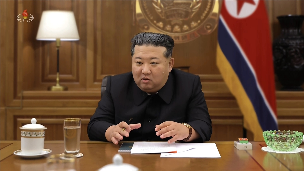 North Korean leader Kim Jong-un presides over a key consultative meeting on the production of nuclear materials and weapons on Friday, in this photo carried by the North's official Korean Central News Agency the following day. (KCNA)