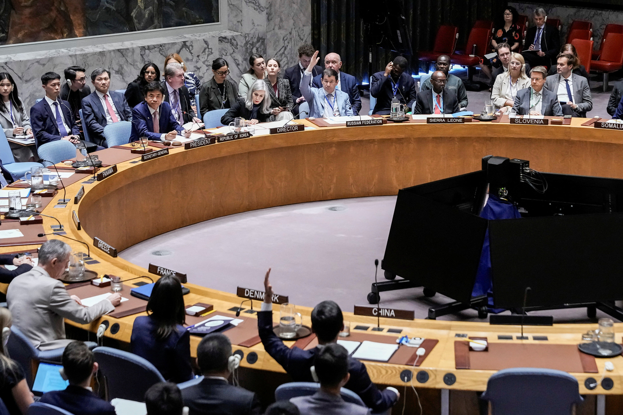 Members of the United Nations Security Council vote on a resolution by Russia and China to delay by six months the reimposition of sanctions on Iran during the 80th UN General Assembly in New York City, US, on Friday. (Reuters)