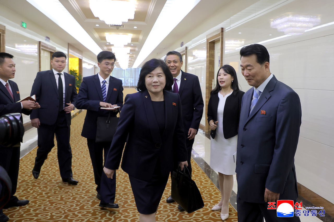 North Korean Foreign Minister Choe Son-hui (C) departs for China on Saturday, 2025, in this photo provided by North Korea's Korean Central News Agency the following day. (For Use Only in the Republic of Korea. No Redistribution) (Yonhap)