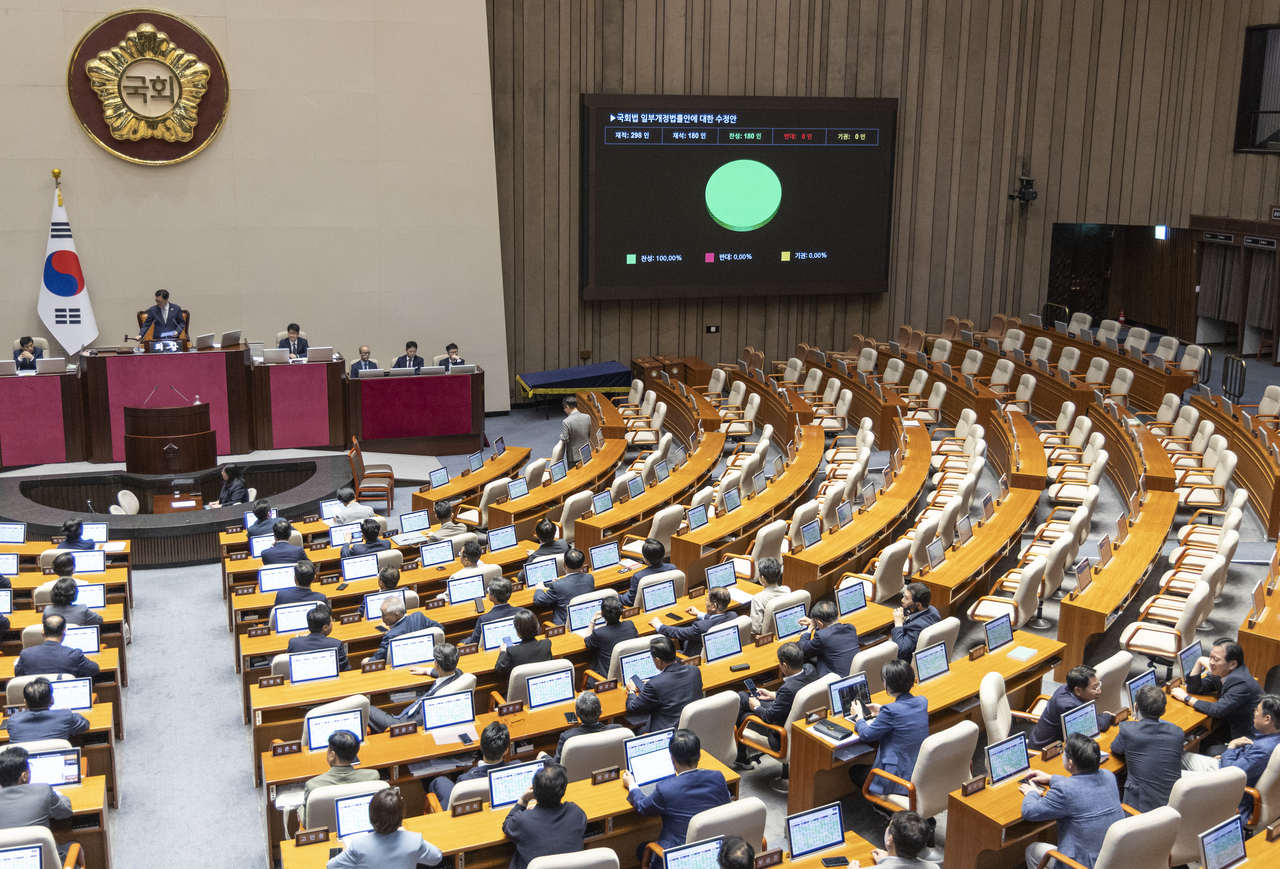 28일 국회 본회의장에서 ‘상임위 명칭 변경’이 핵심인 토토사이트 펫 일부 개정 법률안에 대한 수정안이 여당 주도로 통과되고 있다. [연합]