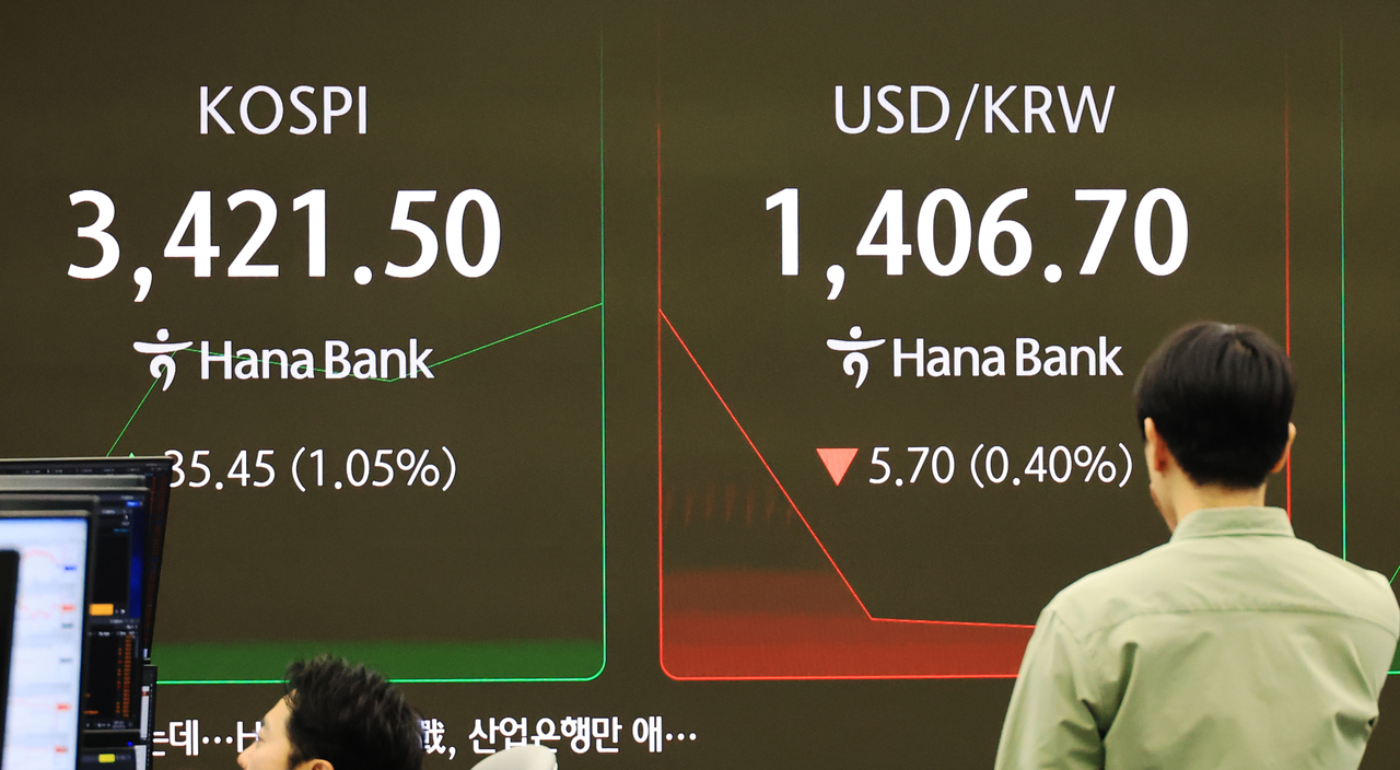 An electronic board showing the Korea Composite Stock Price Index at a dealing room of the Hana Bank headquarters in Seoul on Monday. (Yonhap)