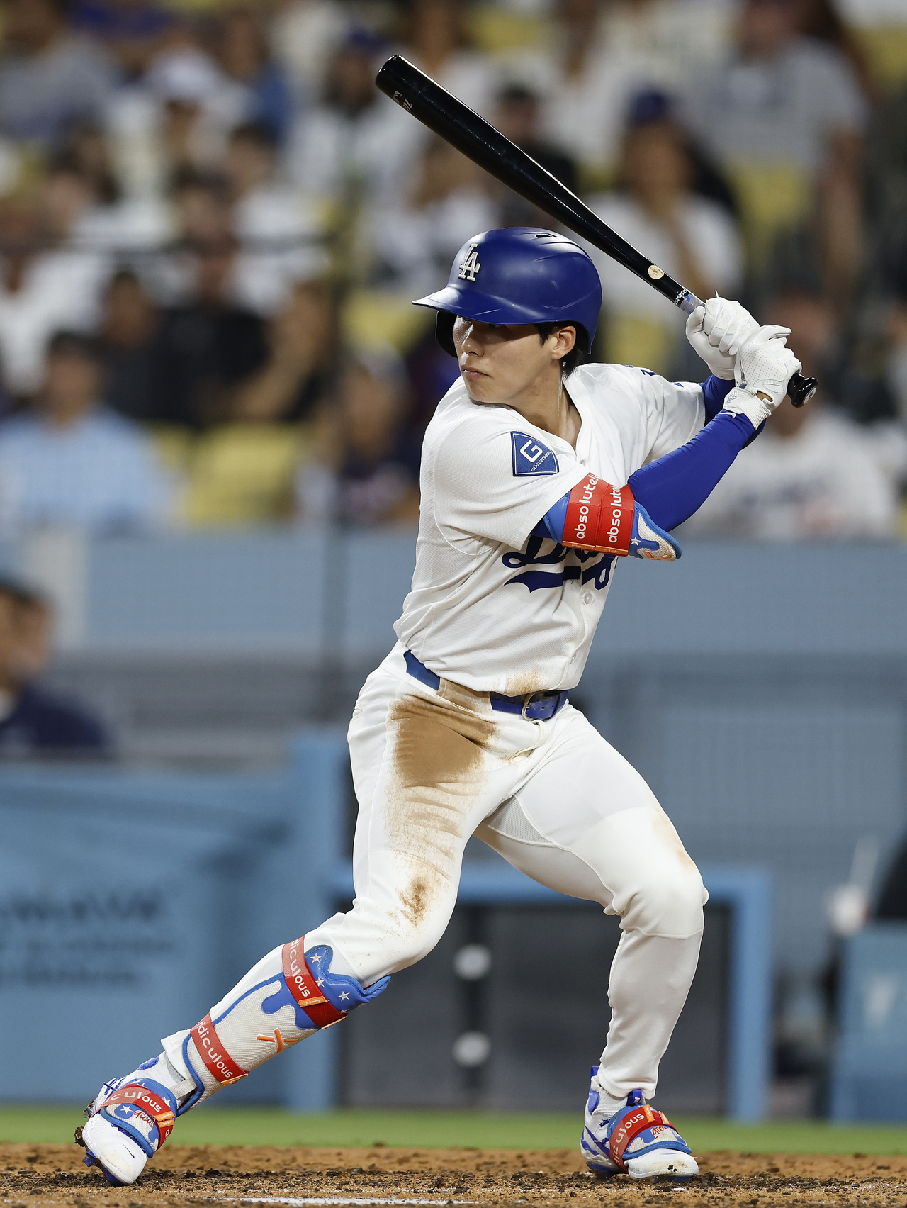Hyeseong Kim #6 of the Los Angeles Dodgers at bat against the Colorado Rockies at Dodger Stadium on September 08, 2025 in Los Angeles, California. (Getty Images)