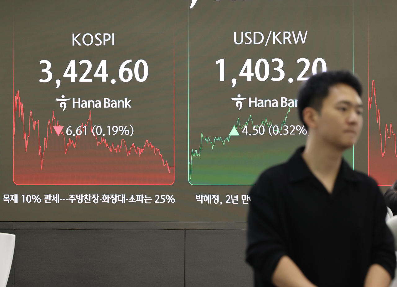 An electronic board showing the Korea Composite Stock Price Index at a dealing room of the Hana Bank headquarters in Seoul on Tuesday . (Yonhap)