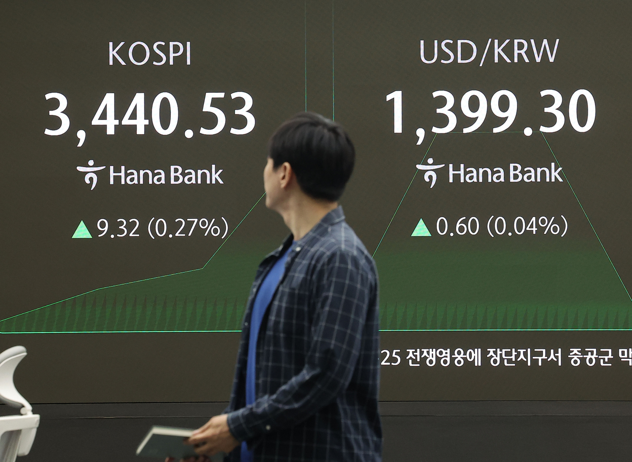 An electronic board showing the Korea Composite Stock Price Index at a dealing room of the Hana Bank headquarters in Seoul on Tuesday. (Yonhap)