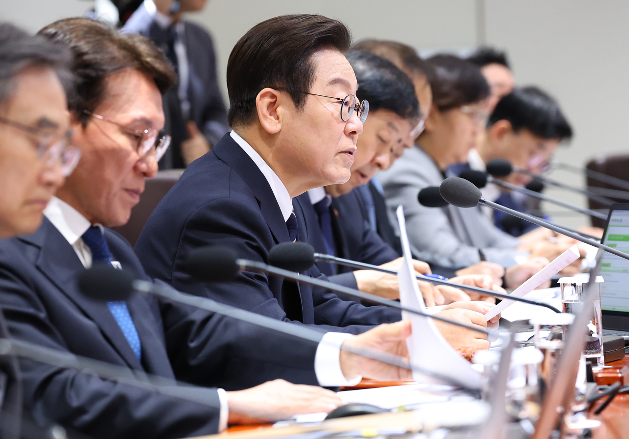 President Lee Jae Myung speaks during a Cabinet meeting held at the presidential office in Seoul on Tuesday. (Yonhap)