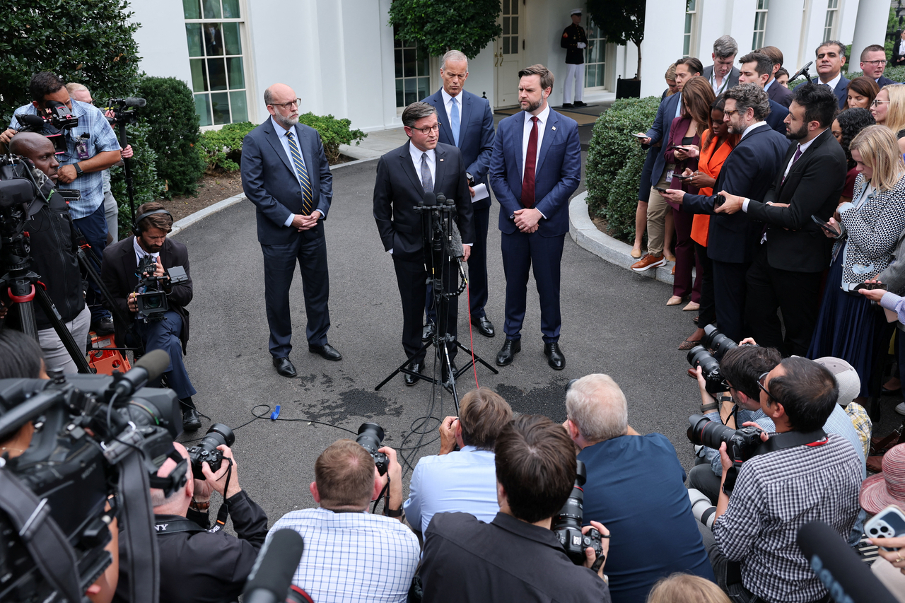 House Speaker Mike Johnson (center) speaks to the media on the day US President Donald Trump meets with top congressional leaders from both parties at the White House in Washington on Monday.   Reuters-Yonhap