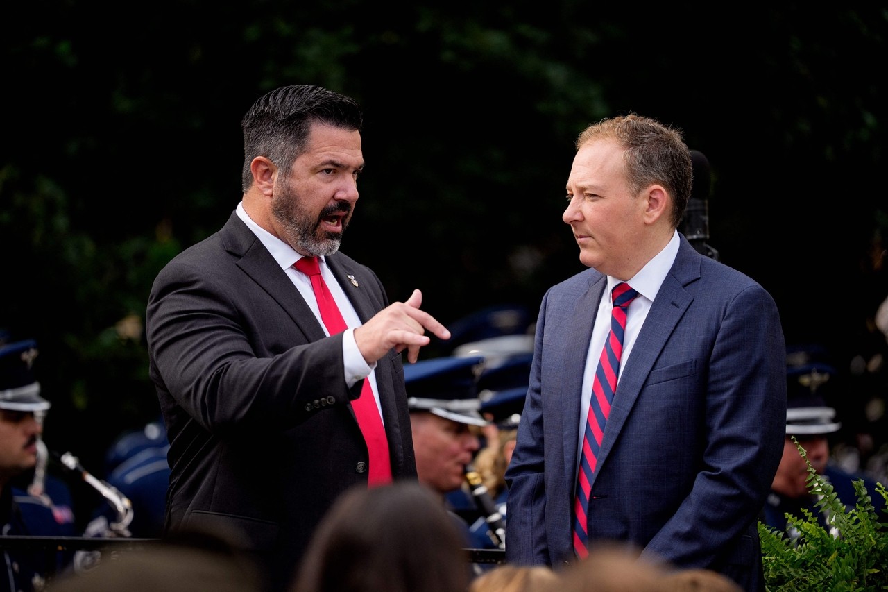 Chief Pentagon Spokesman Sean Parnell (left) speaks with EPA Administrator Lee Zeldin before a September 11th observance event in the courtyard of the Pentagon on Sept. 11 in Arlington, Virginia. (AFP)