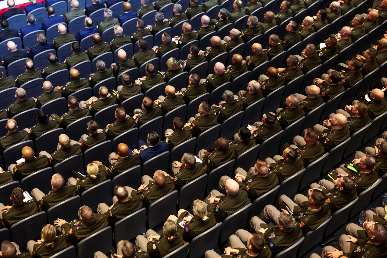 Members of the military attend a meeting convened by US Defense Secretary Pete Hegseth at Marine Corps Base Quantico in Quantico, Virginia on Tuesday. (Reuters-Yonhap)