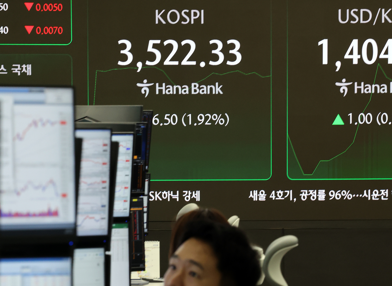 An electronic board showing the Korea Composite Stock Price Index at a dealing room of the Hana Bank headquarters in Seoul on Thursday. (Yonhap)