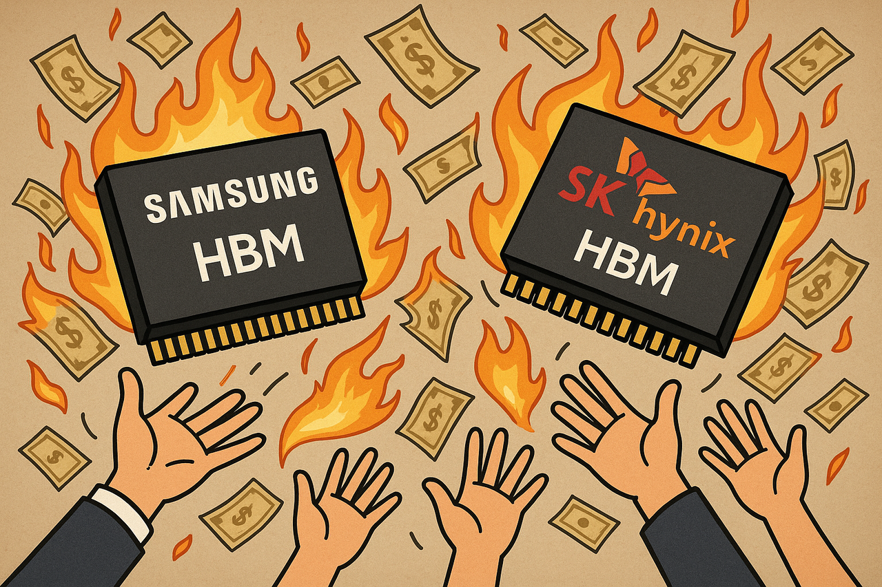 빅테크 기업들이 자체 인공지능(AI) 가속기 개발에 몰두하면서 삼성전자와 SK하이닉스의 HBM 수요가 계속 성장세를 이어갈 것으로 전망된다. [챗GPT로 제작]